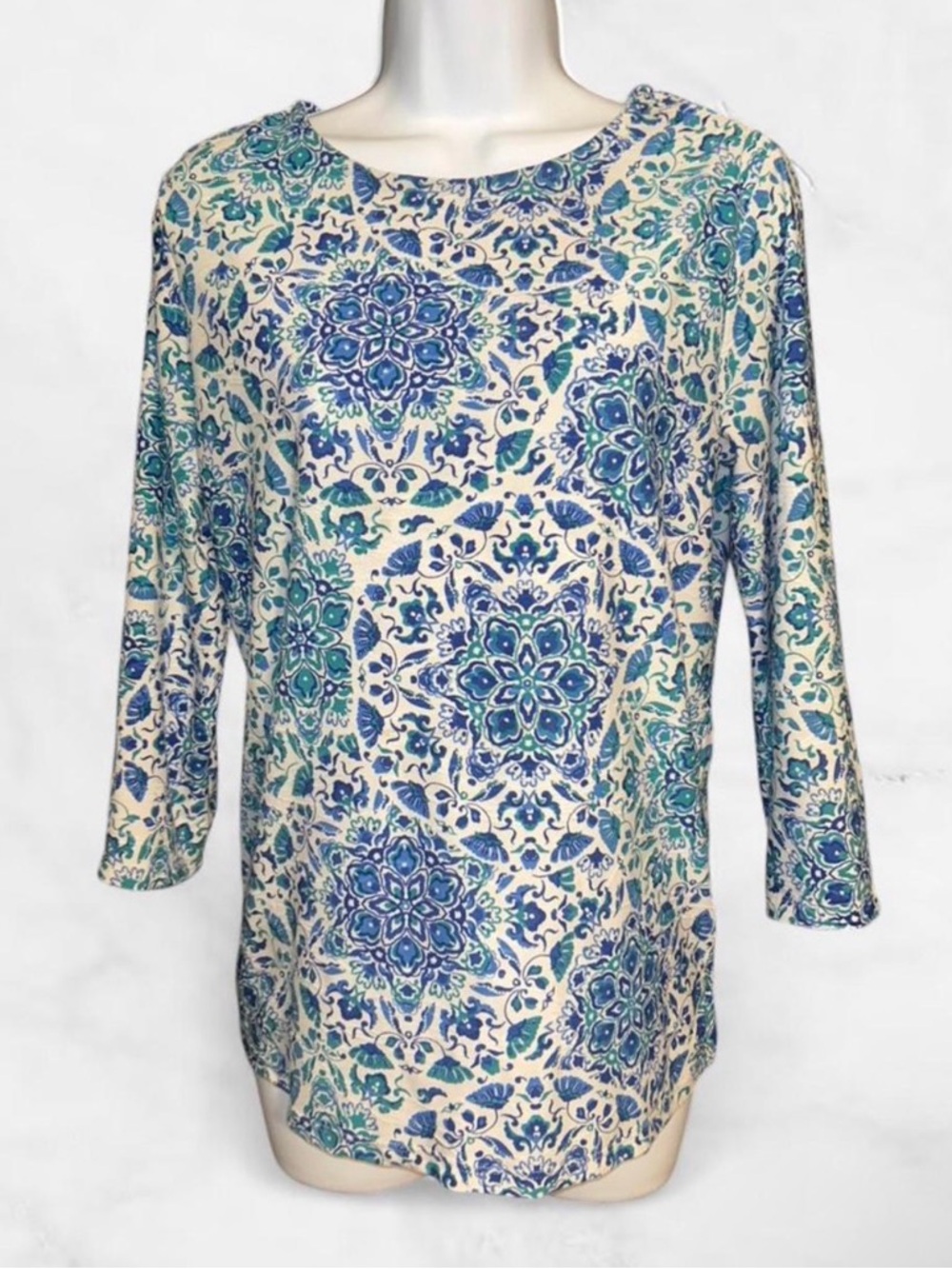 Coastal Vibe Emily Daniels Blue & White 3/4 Sleeve Flowy Summer Top Women’s S